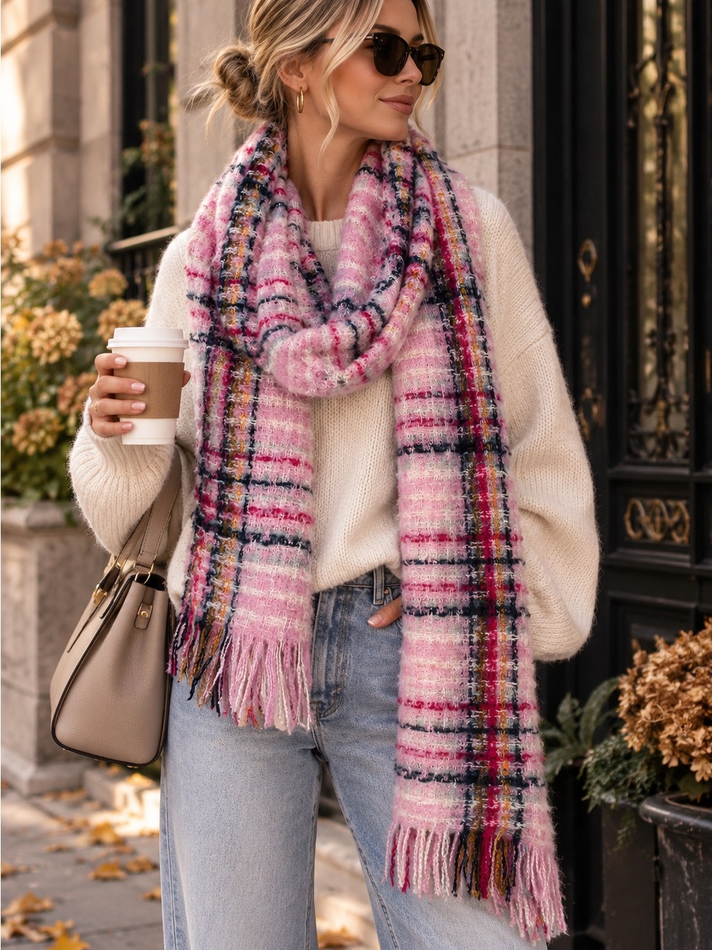 Treasure & Bond Pink Plaid Fringe Scarf